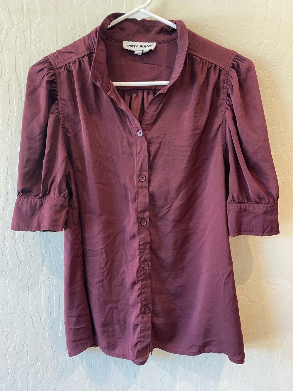 DKNY Wine Button-Front Puff Sleeve Blouse